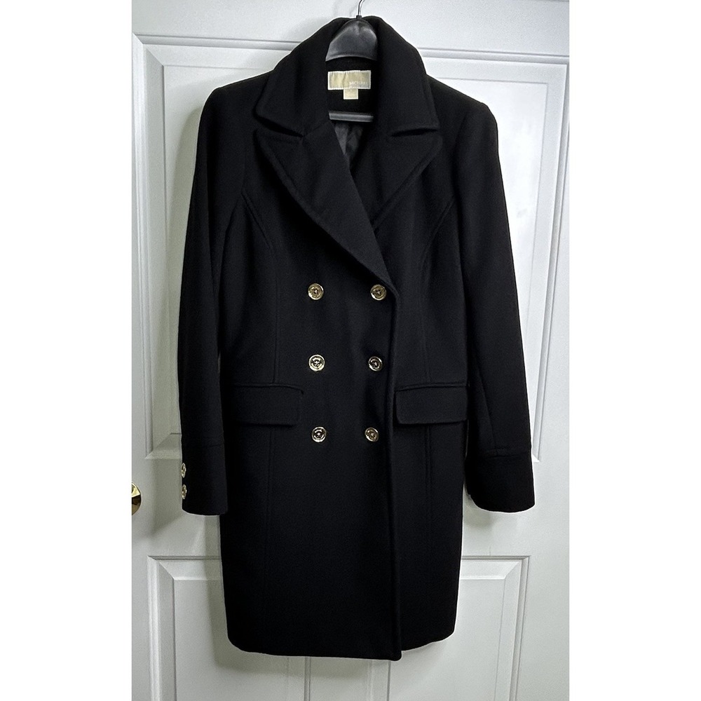 Michael Kors Double Breasted Peacoat Womens 8 Wool Blend Black Gold Buttons Long